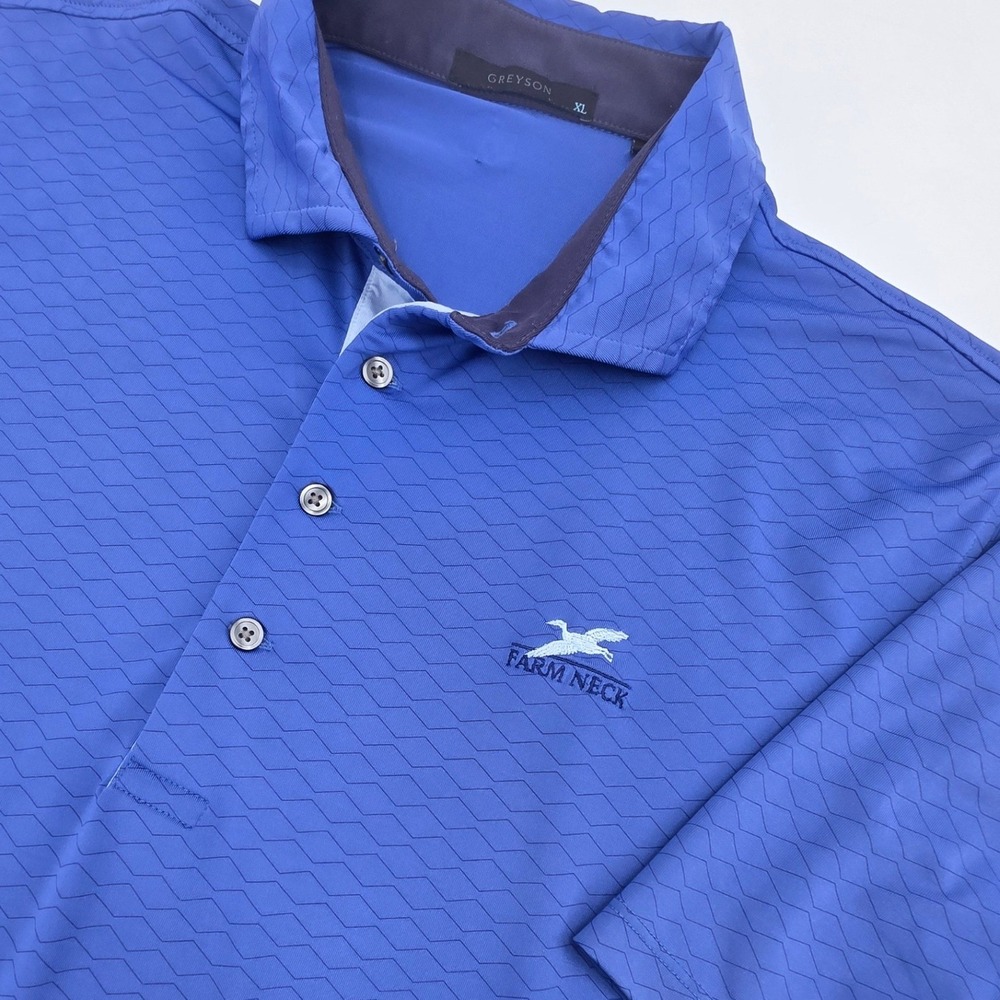 GREYSON FARM NECK GOLF COURSE POLO MENS XL BLUE GEOMETRIC MARTHAS VINEYARD LOGO
